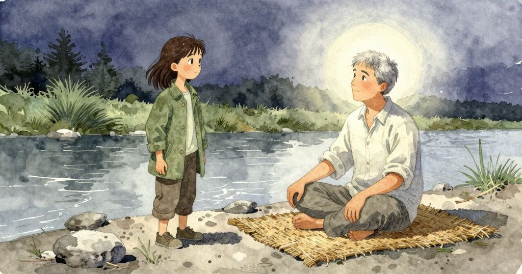 Mae退後觀察完成的低矮石墊，父親和狗在旁，河流仍在，結局呈現平靜與滿足。