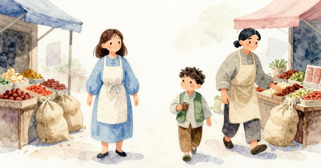 Petra穿過麻布袋走向香料攤,Otto在茶棚等候,兩人站在市集,神情帶著期待與好奇。