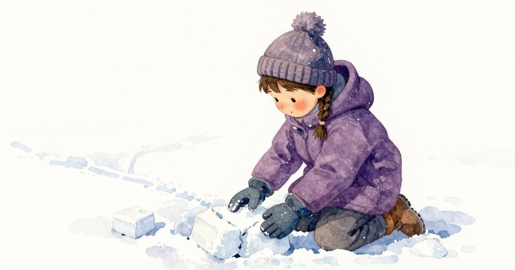 Glynis在圍牆旁跪著把乾雪填入模具，形成脆裂的雪磚，地上留有細小V形足跡（發展）