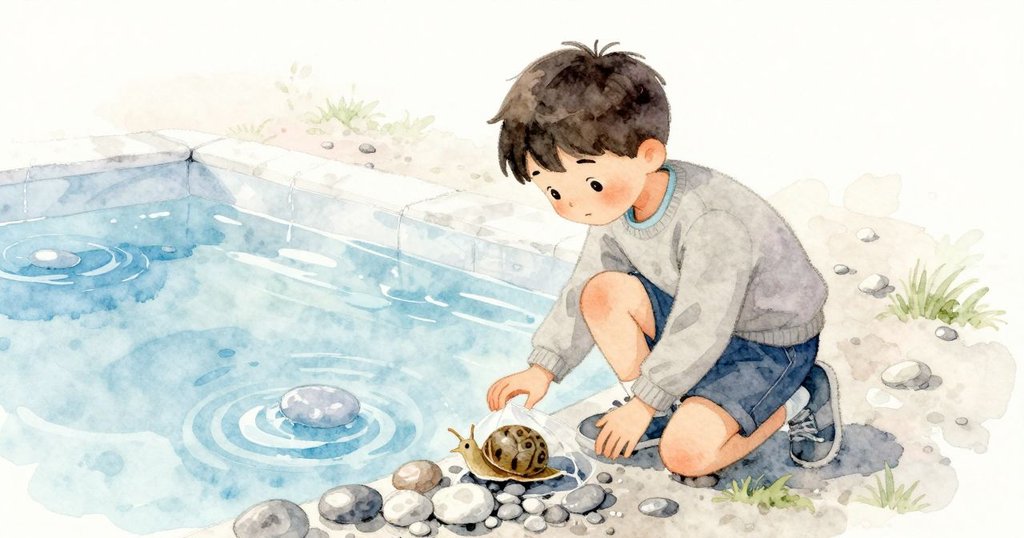 Xander 跪在池邊凝視,橡膠魟蓋住小蝸牛,想看清螺旋紋,表情專注
