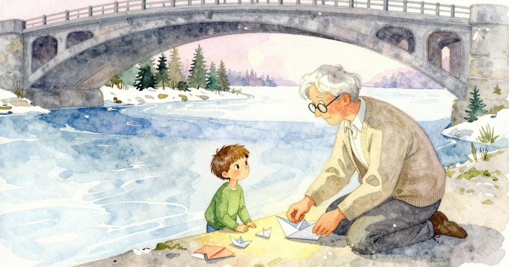 Everett在橋下石階上整理蠟紙、竹條和防水膏,Granddad坐上階畫素描,傍晚準備放燈,安靜專注。