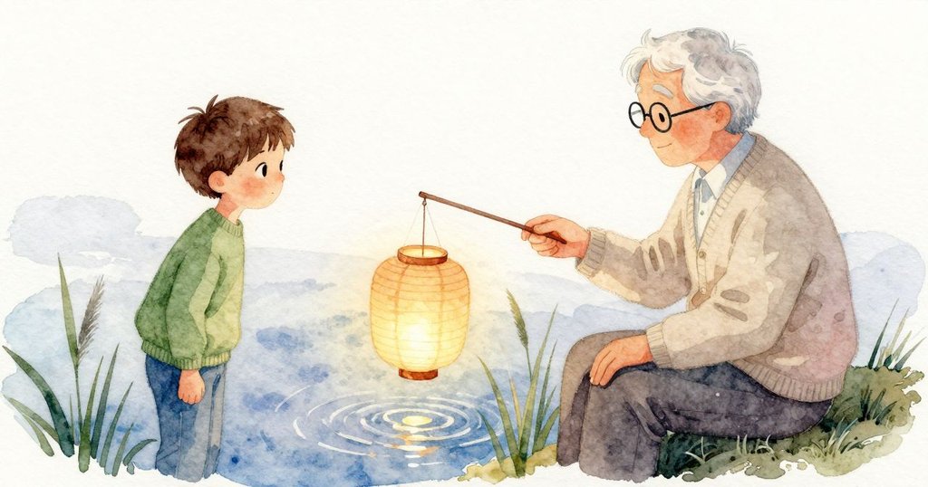 Everett的最後一艘紙燈帶著低放LED在漩渦邊滑過並擦到蘆葦,Granddad和他之前的準備形成結尾,情緒安靜。