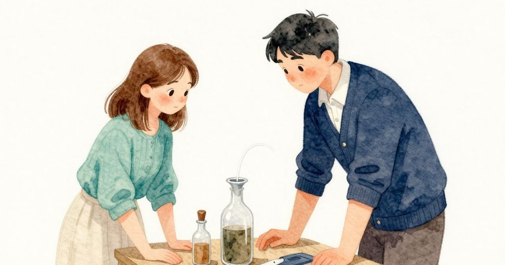 Otto 側頭一眼對準瓶身前緣,Lily 微調漏斗,兩人專注查看螺旋帶的厚薄變化。