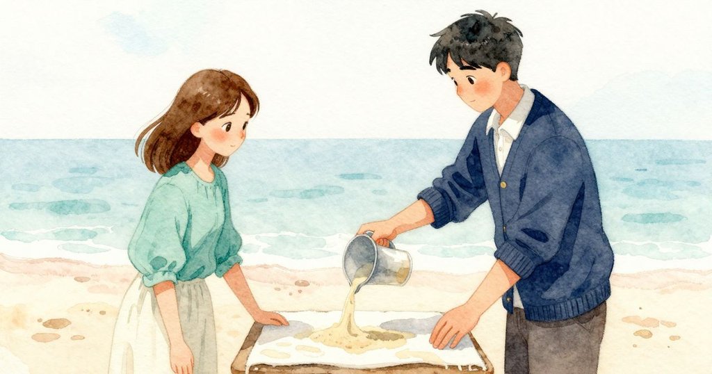 Lily 倒入最後的白色細砂,Otto 穩住角度,兩人小心翼翼追求平坦的頂面,緊張的高潮。