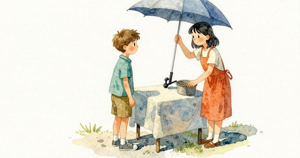 Emmet把霧水壺停在標價牌旁,Tatiana在雨傘下檢查夾具,表情專注,場景開場建立問題。