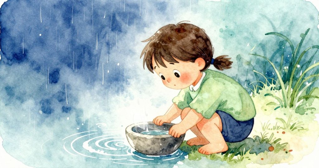 Child蹲在石盆旁凝視，被水面反光遮住視線，靠近觀察雨水留下的圓圈，表情專注。