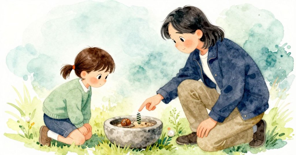 Child回到石盆旁，被閃亮的蝸牛痕吸引，Grown-up指向門柱附近藏著的小草本，兩人驚喜發現。