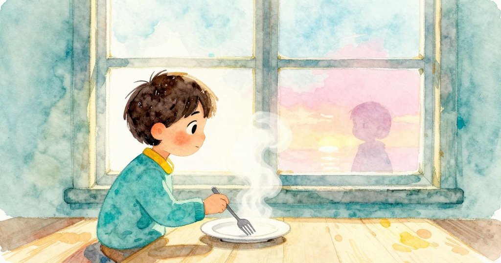 Narrator 在窗邊餐桌前坐著，叉子敲在盤子上，蒸氣上升，開始吃飯並專注地看著盤子。