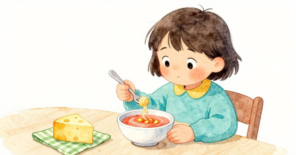 Narrator 集中地坐著，叉子上有小麵球，玉米粒滾在醬上，拉近起司碗，情節達到高潮並解決困難。