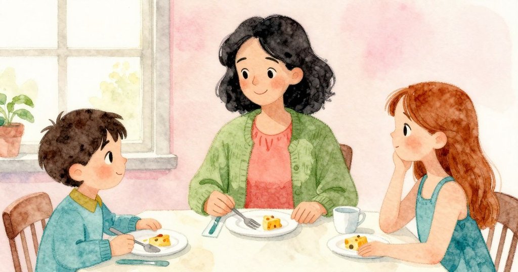 Narrator 把起司碗推回、叉子放在盤邊，Aunt 說「It is good」，Sister 提杯走開，結局溫馨平和。