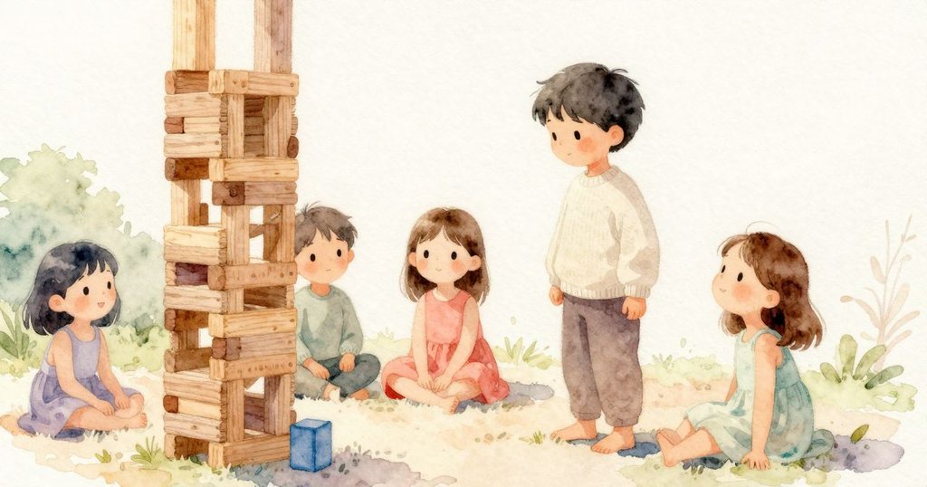 Verity 微笑 放鬆 手從 塔邊 拉開，Arlo 在 一旁 跪著，藍色 積木 凸出，場景 安定 結束