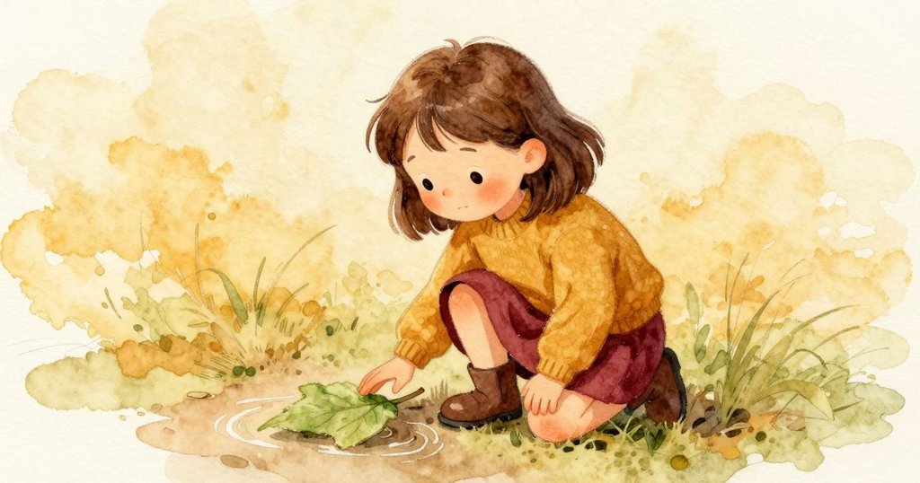 馬貝爾在大水坑旁先用手壓著葉子，接著拿短棍把葉子從砂礫推開，情緒專注，事情推進