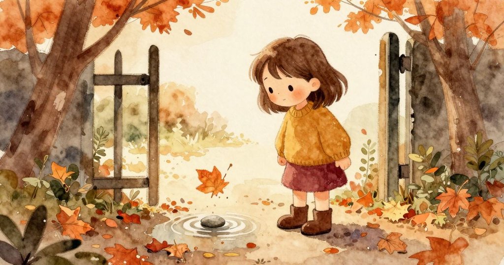 馬貝爾在秋色院子靠近門縫蹲著，滴水轉動葉子，她丟下圓石製造細小波紋，神情期待