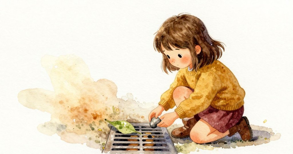馬貝爾在渠蓋前蹲著，手中拿著最後一顆圓石猶豫要放下，葉子已接近格柵，她表情專注