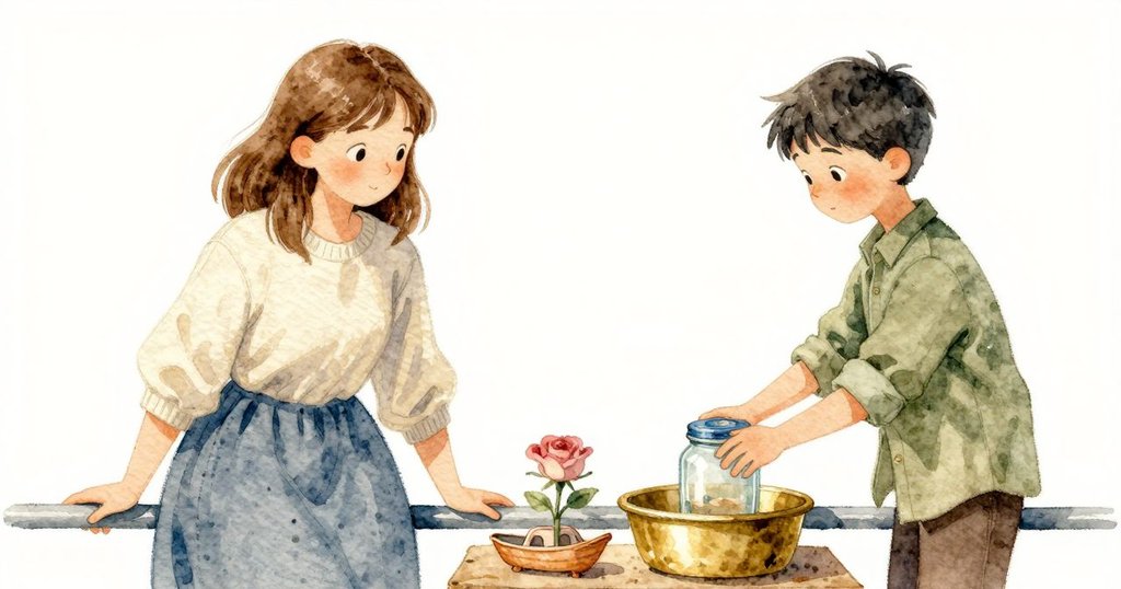 Gwen 將透明罐滑向水箱邊,藍色蓋子滾到鐵盆旁,Jonas 在旁幫忙,情緒專注,情節發展。