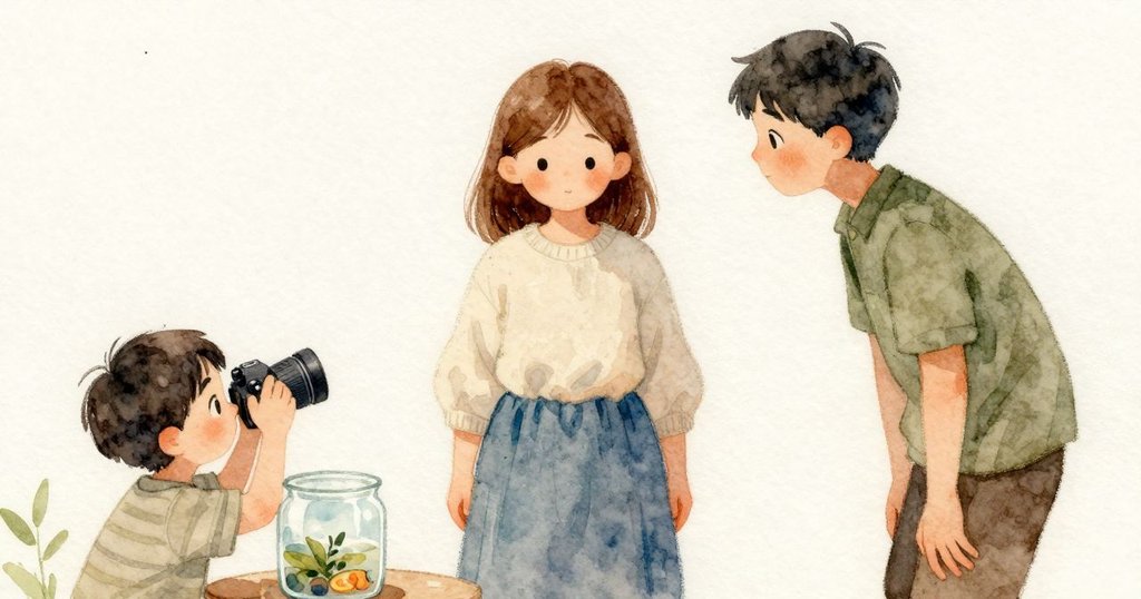 Jonas 在 Gwen 旁邊穩住罐子並指向較小眩光處,Gwen 調整角度,場景繼續發展,兩人專心。