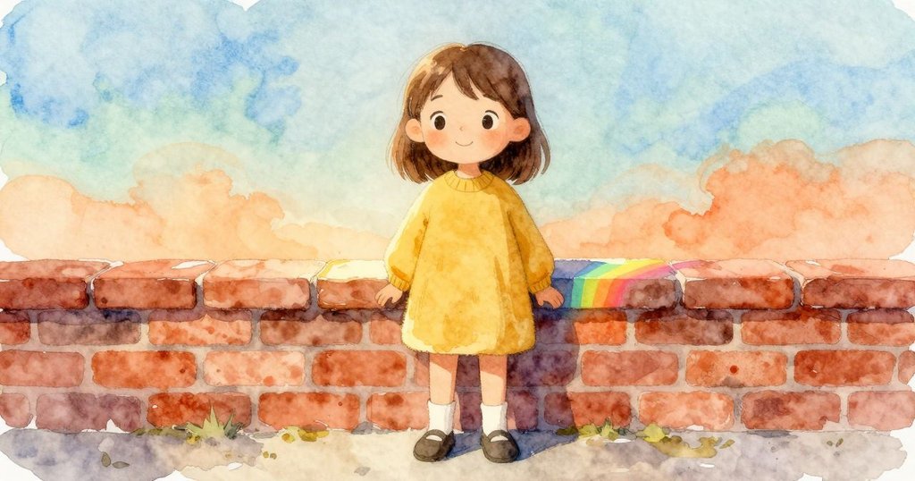 Lily 用手鏡捕捉架上小稜鏡的邊緣，鏡中光點跳過磚牆，出現細緻色帶，她臉上帶著驚奇，貓揮爪追蹤。