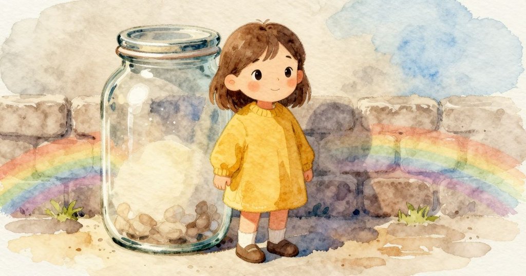 Lily 的罐子旁地面出現像硬幣的亮點，罐子玻璃微濁，亮點在石縫上移動消失，場景到達高潮並轉為結尾。