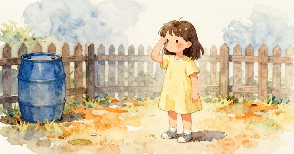 Stella在小院子靠近棚子遮眼望向藍色桶，早晨陽光照著院子，好奇心開始出現