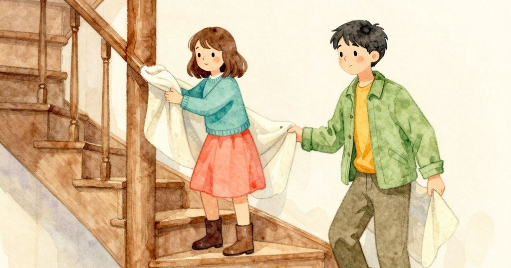 Gwen 與 Heath 各持毛毯一端站在樓梯上，協力把毛毯帶向燈室，發展。