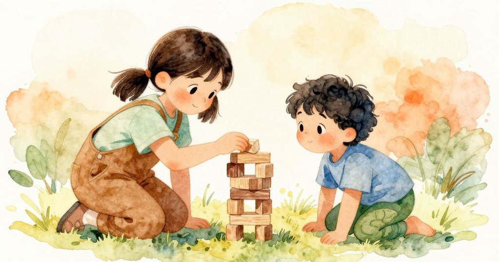 Nina收回手，Etta仍扶在頂部，積木穩穩地靠在扁平木塊上，兩人表情鬆一口氣，情節達到解決