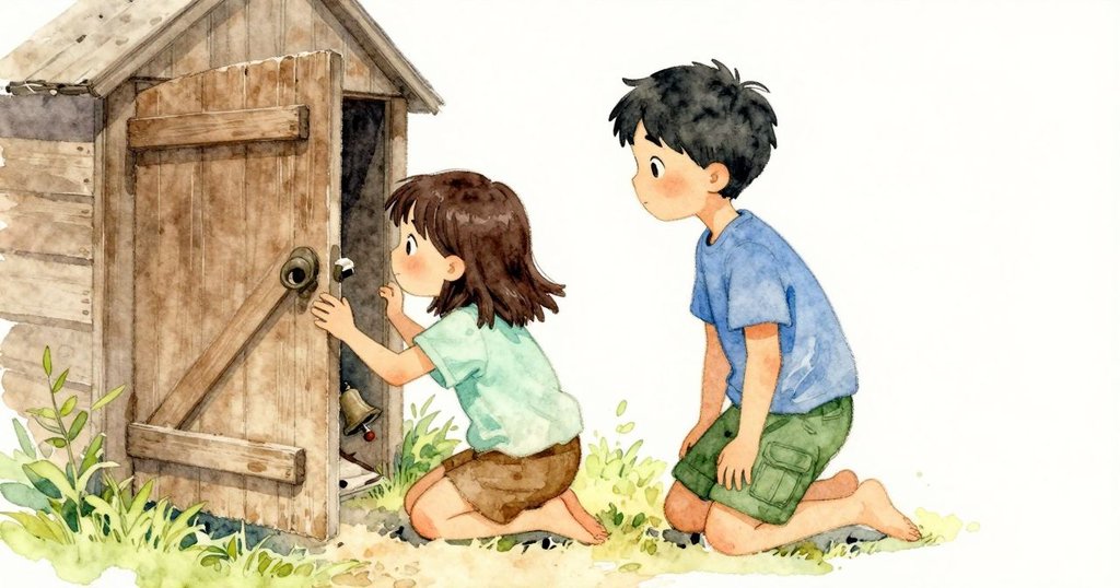 Amos和Kaya拉扯卡住的門，門鈴鬆動發出響動，棚內灰塵下落，兩人困惑和調查，故事發展