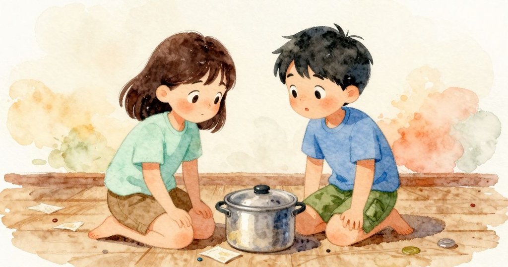 金屬蓋落在鍋邊，玻璃罐滾出，紙片散落，按鈕停在地板靠近Amos處，事件高潮後的靜止畫面