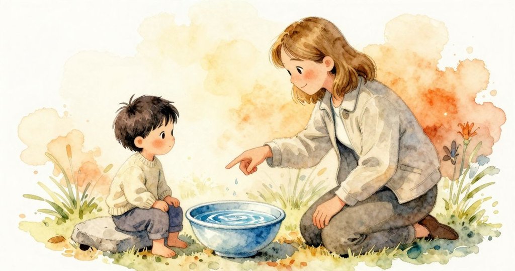 Sam 坐在平石上看著碗中水波，Alex 跪著指向靠近的山羊小仔，發展到認出動物，Alex 愉悅。