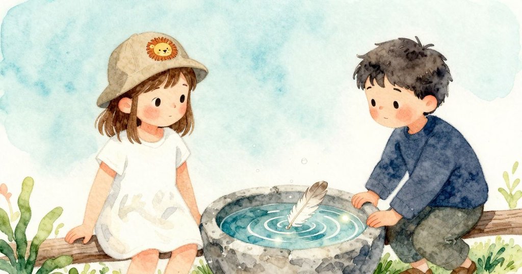 Helena 與 Rafael 在 遠處 注視 石盆 水面 漣漪 白羽 飛落 發展
