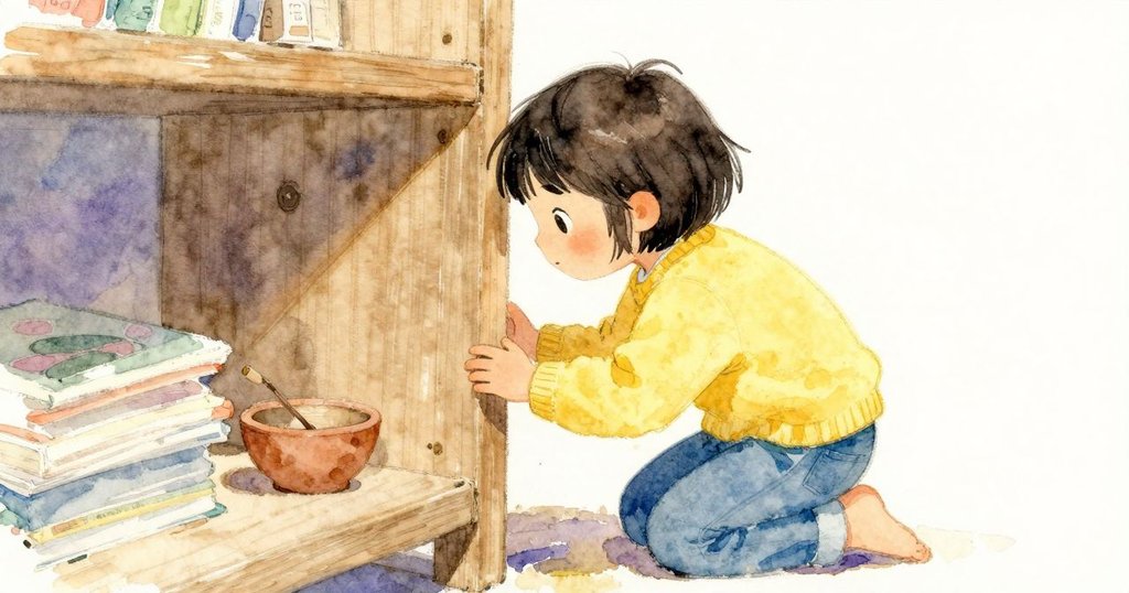 Kaya 跪在低書架前從書縫望見陶碗與碗內短樹枝，發現時表情專注且帶著愉悅。