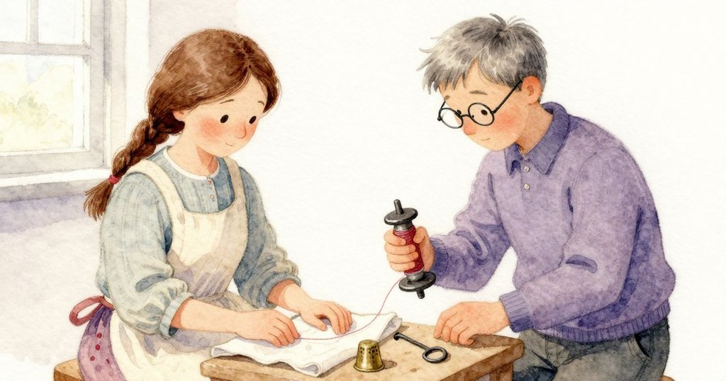 靠近看線軸和線圈,科拉手邊的線微微打結,銅頂針與生鏽鐵鉤在旁,發展中努力整理。