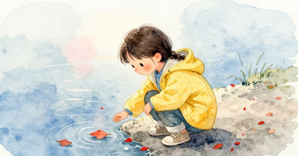 Kaya蹲在水坑邊，注視許多葉子在水面旋轉，神情驚奇又安靜，早晨的發現繼續展開。