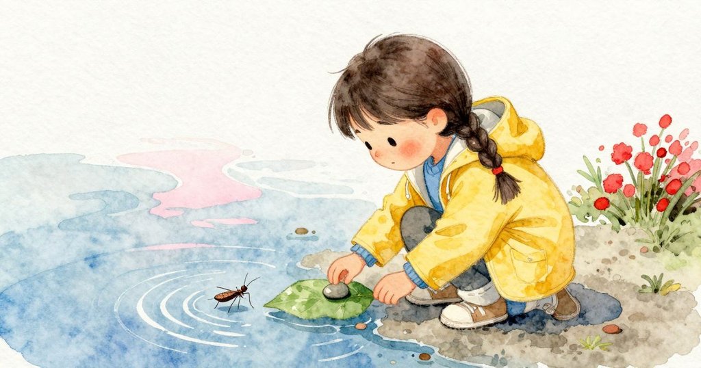 Kaya拿起小石子放在葉子上，葉子下沉又停住，她專注地觀察並輕觸，水黽滑到葉子附近，情節逼近高潮。