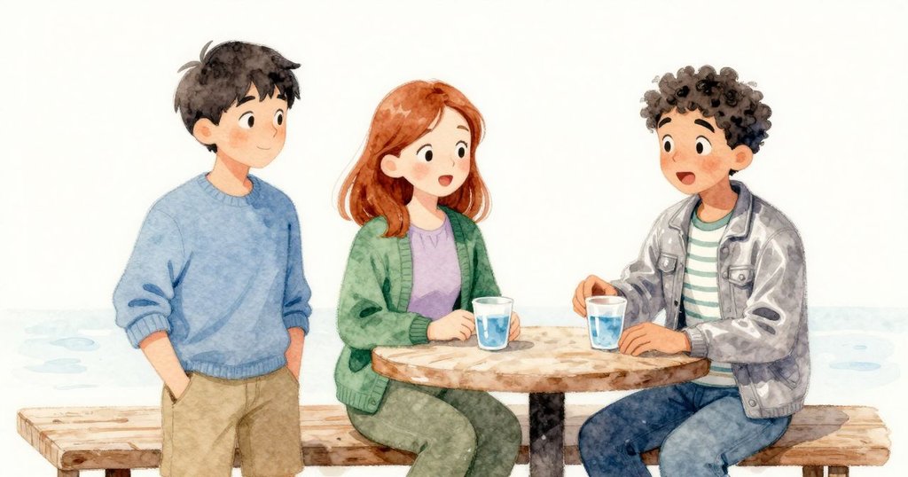 Yannick 揚起鉗子時布被勾住，杯子傾倒，水沿木板流到 Gwen 的手旁，三人表情驚訝不安。