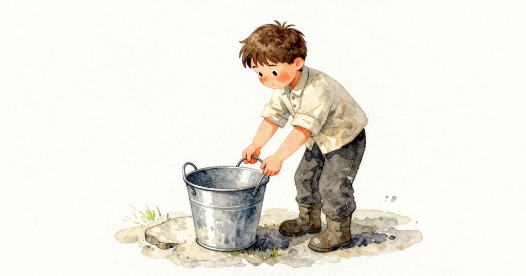 Yannick 的影子遮住金屬水桶，光帶在木門上消散，近景展示水桶反光與場景進展。