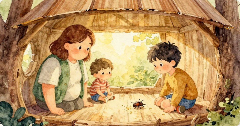 樹屋 結尾 我和Greta 坐著 觀看 小甲蟲 在削屑上 爬行並攀上 捲曲，場景平和 結束