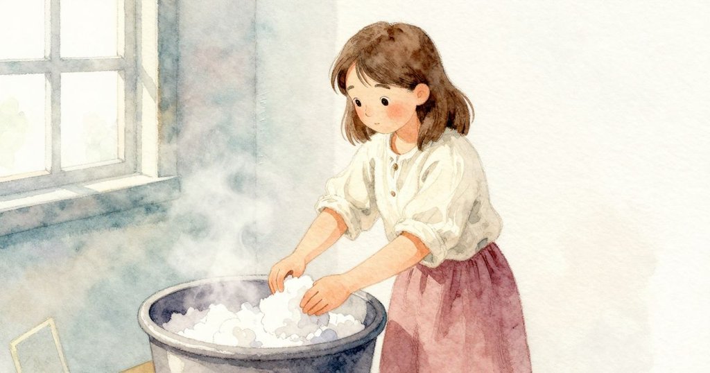 發展:露西亞從濁漿中舀起,靠近工作台的毛氈方塊作對比,她在造紙室裡專注且安靜。