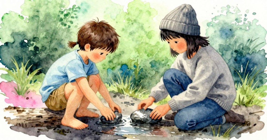 Josie將最後一塊石頭放在漂木旁,沒有再丟,家長在旁觀望,故事以沉思與結束收尾。