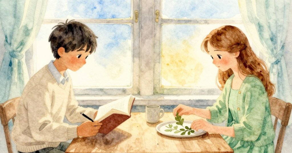 Fiona 窗邊坐著看書,筆靠在陶杯上,Shea 拿起壓葉放在紙盤,兩人專注欣賞,故事繼續發展。