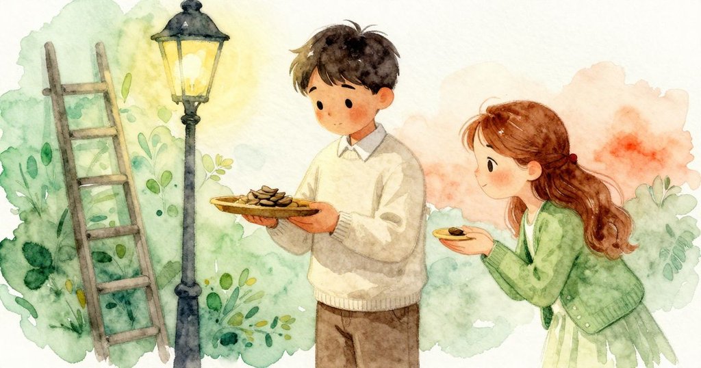 小種子停在托盤旁,Fiona 靠近說出來源,Shea 用掌心穩住托盤並檢視貝殼上淺線與綠色痕跡,兩人驚訝又專注。