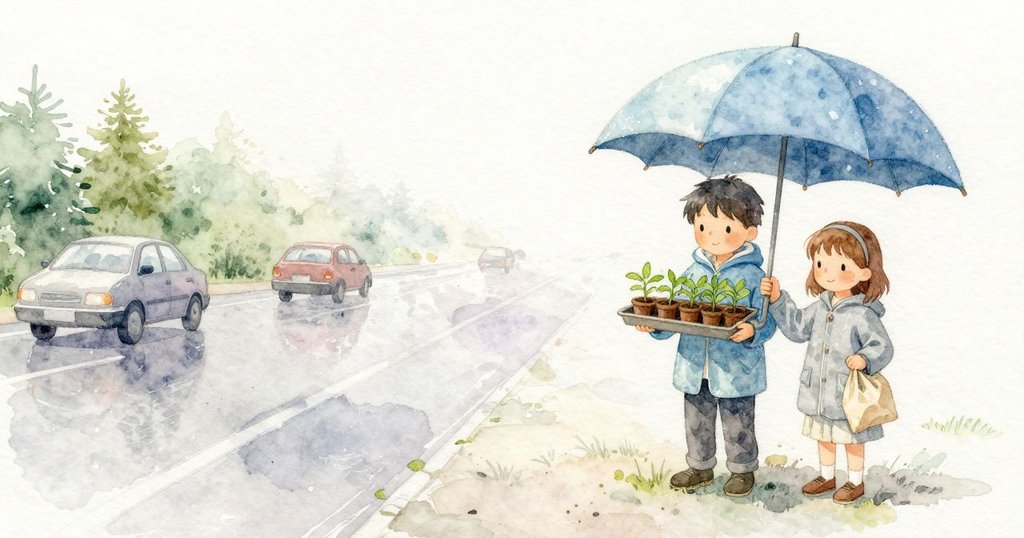 Orla抱著育苗盤在避雨亭,Dean拿紙袋站在旁邊,雨天馬路和車聲,兩人專注準備植栽,開端
