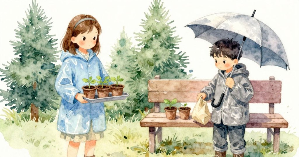 Orla先放下育苗盤撿起倒翻的盆子並撐開雨傘靠在長椅,擦拭公車票,Dean拍去袖上水滴,問題逐步解決