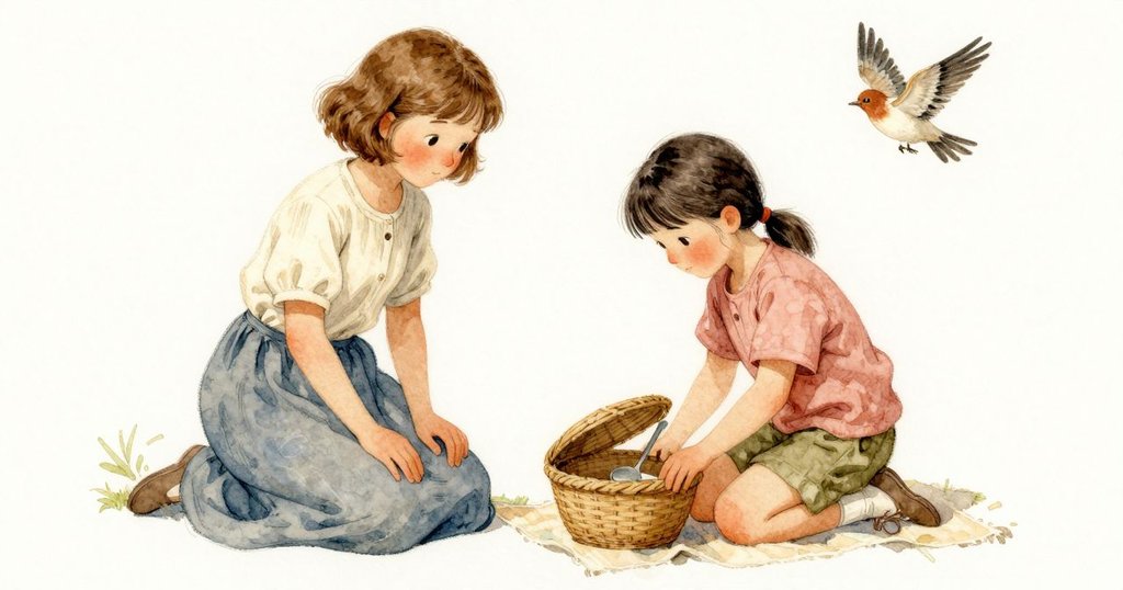 Willa 一膝壓在溫暖方格上穩住盤子，籃蓋鉸鍊滑動湯匙掉進去，鳥振翅，高潮時刻顯出驚訝。