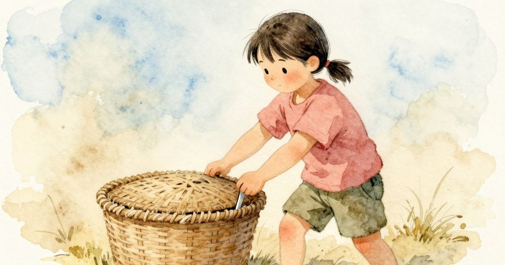 Willa 前臂靠在籃蓋上穩住，掰開卡環把湯匙從狹縫拉出，公園野餐場景，Willa 顯得專注且放鬆。