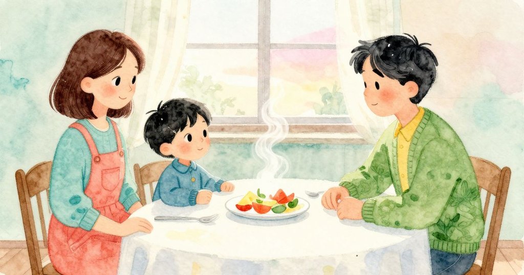 Child and Grown-up at bright table, looking at steaming plate, opening scene shows calm curiosity and shared meal