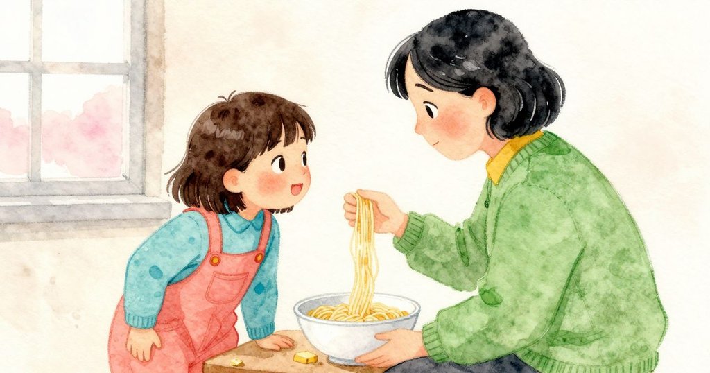 Child leans sideways to peek past cheese bowl and napkin box with clover, Grown-up twirling noodles, development shows curiosity and shared action