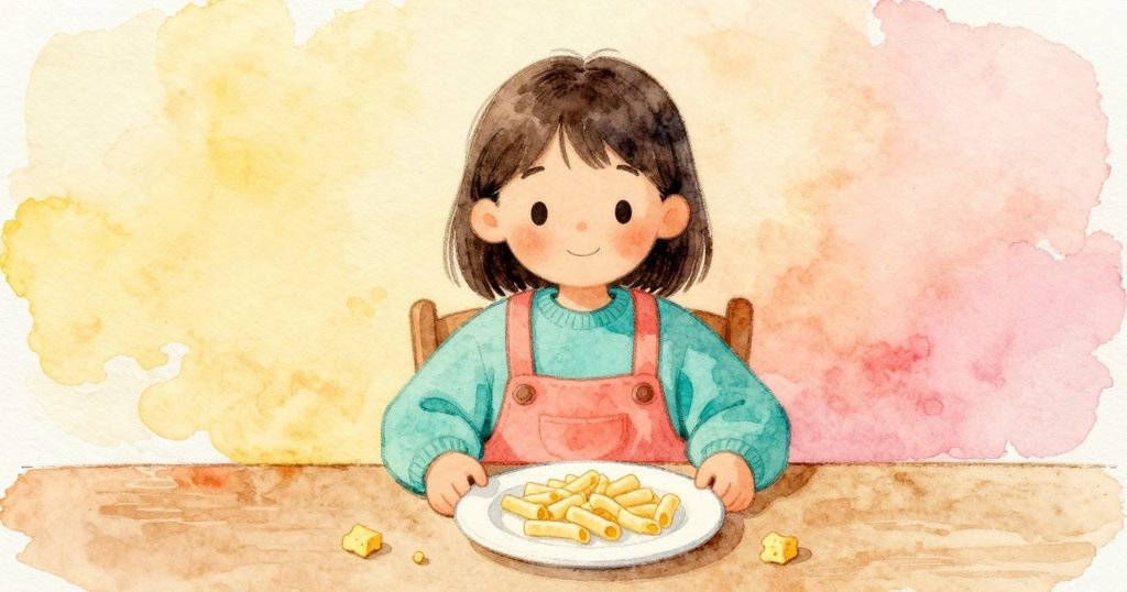 Child notices a tiny cheese crumb in a tube pasta on the plate, drifting back at the table, scene continues discovery and attention