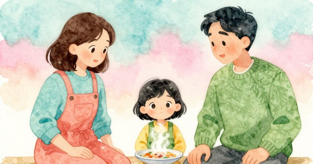 Child sits up straight watching sauce beads and steam while Grown-up speaks, tension peaks as attention returns to the plate