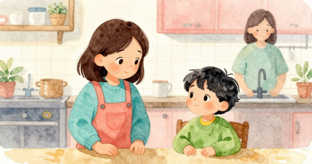 Child sits calmly at the table while Grown-up stands at the sink, ending scene shows quiet resolution and gentle care