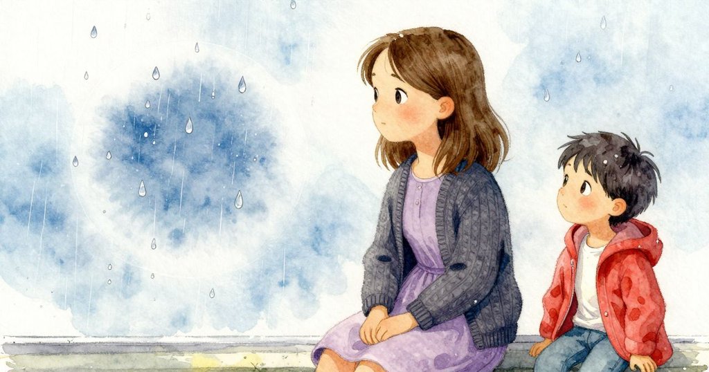 發展 Corinne 透過窗看著玻璃上的霧圈與滑落水滴,觀察中帶有專注與好奇。